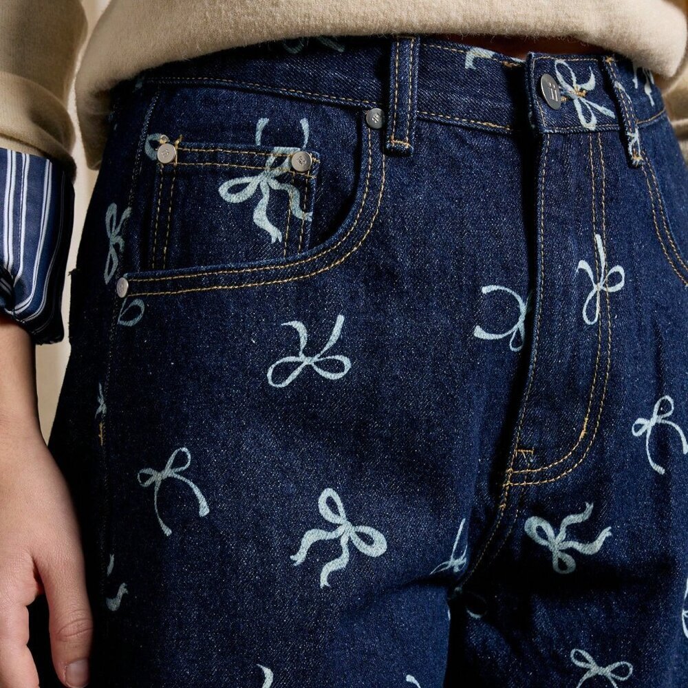 Blue Casual Women's Bow Print Baggy Jean - Picture 4 of 6